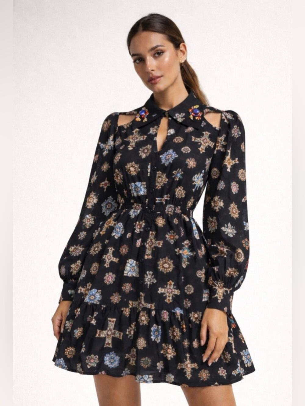 Line & Dot Baroque Jeweled Collar Cutout Dress Black Size S - Picture 1 of 7